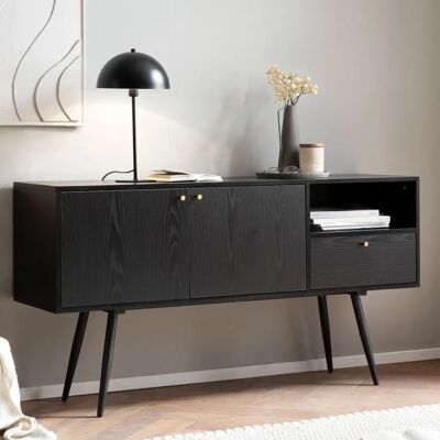FineBuy Sideboard - 140x75x40 cm Schwarz Eiche-Dekor - Wohnzimmer FineBuy Sideboard - 140x75x40 cm Schwarz Eiche-Dekor - Wohnzimmer