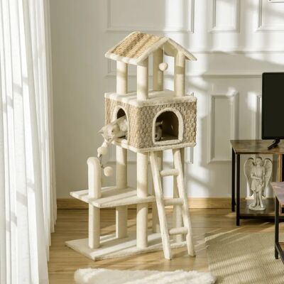 PawHut - 130cm Cat Tree - Khaki - Beige - Cat Tree PawHut - 130cm Cat Tree - Khaki - Beige - Cat Tree