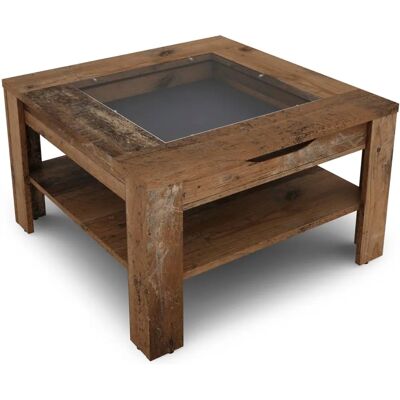 Table basse Old Wood Sconto avec Insert en Verre et Tiroir - Publicité Table basse Old Wood Sconto avec Insert en Verre et Tiroir - Publicité