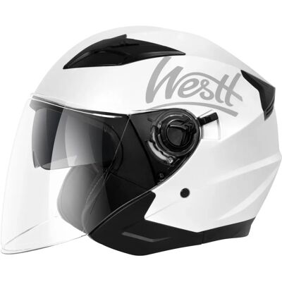 Casque jet blanc métallique XL de Westt - Style urbain avec visière et pare-soleil - Publicité Casque jet blanc métallique XL de Westt - Style urbain avec visière et pare-soleil - Publicité