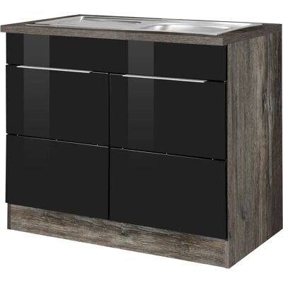 Kochstation KS-Brindisi - Eiche Vintage, Hochglanz Schwarz - Küchenschrank Kochstation KS-Brindisi - Eiche Vintage, Hochglanz Schwarz - Küchenschrank