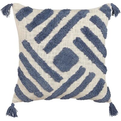 Cojín de algodón beige y azul Beliani - 45x45cm - Patrón geométrico, borlas, funda extraíble - Interior Cojín de algodón beige y azul Beliani - 45x45cm - Patrón geométrico, borlas, funda extraíble - Interior
