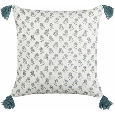 Cojín de algodón con patrón floral y borlas 45 x 45 cm Blanco y Azul Cojín de algodón con patrón floral y borlas 45 x 45 cm Blanco y Azul