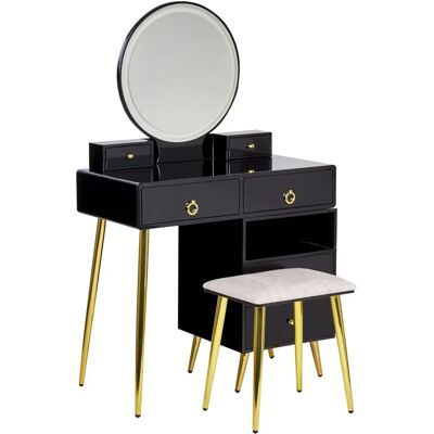 Beliani Musta MDF Glamour Meikkipöytä LED-peilillä ja Jakkara Beliani Musta MDF Glamour Meikkipöytä LED-peilillä ja Jakkara