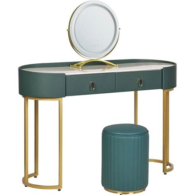Mesita de maquillaje MDF verde y dorada con espejo LED - 2 cajones Muebles Mesita de maquillaje MDF verde y dorada con espejo LED - 2 cajones Muebles
