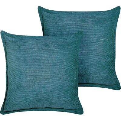 Beliani Ensemble de 2 Coussins Décoratifs en Velours Côtelé Bleu Vert - Décorez votre salon ou chambre - Publicité Beliani Ensemble de 2 Coussins Décoratifs en Velours Côtelé Bleu Vert - Décorez votre salon ou chambre - Publicité