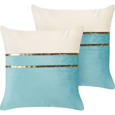 Beliani Lot de 2 Coussins Velours Bleu Beige - Coussins - Publicité Beliani Lot de 2 Coussins Velours Bleu Beige - Coussins - Publicité