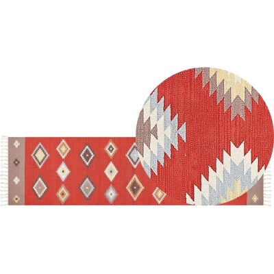 Alfombra Kilim de algodón - Patrón geométrico multicolor 80x300cm Alfombra Kilim de algodón - Patrón geométrico multicolor 80x300cm
