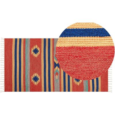 Tapis Kilim en coton multicolore 80 x 150 cm fait main motif géométrique avec franges - Tapis - Publicité Tapis Kilim en coton multicolore 80 x 150 cm fait main motif géométrique avec franges - Tapis - Publicité