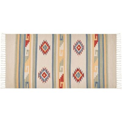 Alfombra Kilim de Algodón Beig y Marrón Tejida a Mano - 80x150 cm, Reversible, Símbolos Geométricos Alfombra Kilim de Algodón Beig y Marrón Tejida a Mano - 80x150 cm, Reversible, Símbolos Geométricos