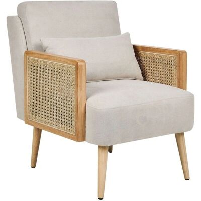 Sillón Beliani de poliéster beige claro estructura de madera con ratán trenzado - Sillón Sillón Beliani de poliéster beige claro estructura de madera con ratán trenzado - Sillón