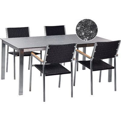 Ensemble de Salle à Manger de Jardin Beliani Noir Effet Granit Verre et Acier Inoxydable Ensemble de 4 Chaises Style Extérieur Moderne - Publicité Ensemble de Salle à Manger de Jardin Beliani Noir Effet Granit Verre et Acier Inoxydable Ensemble de 4 Chaises Style Extérieur Moderne - Publicité