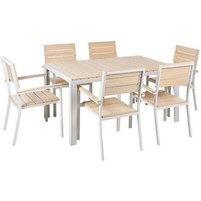 Ensemble de Salle à Manger de Jardin Beliani 7 Pièces Bois Plastique Clair et Aluminium Blanc - Ensemble de jardin - Publicité Ensemble de Salle à Manger de Jardin Beliani 7 Pièces Bois Plastique Clair et Aluminium Blanc - Ensemble de jardin - Publicité
