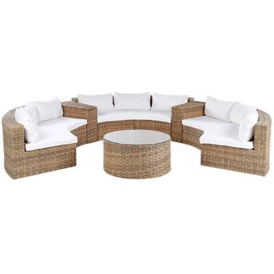 Beliani Gartenlounge-Set Hellbraun PE Rattan U-Form 9-Sitzer Sofa Aufbewahrungsbox Rundtisch Weiße Kissen - Lounge Set Beliani Gartenlounge-Set Hellbraun PE Rattan U-Form 9-Sitzer Sofa Aufbewahrungsbox Rundtisch Weiße Kissen - Lounge Set