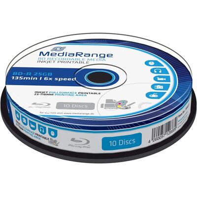 Dischi Blu-ray 25GB MediaRange - Stampabili, 6x, Confezione da 10 Dischi Blu-ray 25GB MediaRange - Stampabili, 6x, Confezione da 10