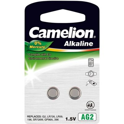 Piles bouton alcalines Camelion LR726 / AG2 / LR59 / 396 - 2 pièces - Publicité Piles bouton alcalines Camelion LR726 / AG2 / LR59 / 396 - 2 pièces - Publicité