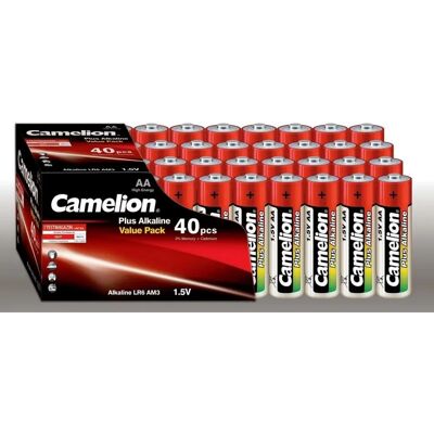 Piles alcalines Camelion AA - Pack de 40 - Rouge/Or - Longue durée - Publicité Piles alcalines Camelion AA - Pack de 40 - Rouge/Or - Longue durée - Publicité