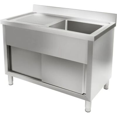 Royal Catering Kjøkkenenhet - 120cm - Rustfritt Stål - med Vask og Skydedører Royal Catering Kjøkkenenhet - 120cm - Rustfritt Stål - med Vask og Skydedører