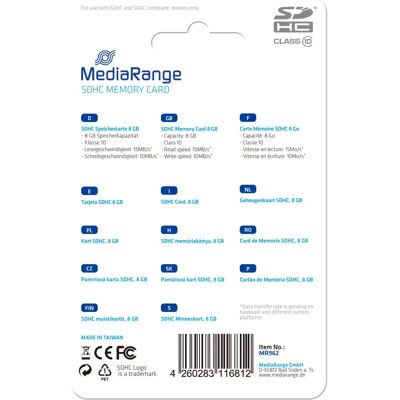 Carte Mémoire MediaRange MR962 8 GB Classe 10 - Carte SDHC - Publicité Carte Mémoire MediaRange MR962 8 GB Classe 10 - Carte SDHC - Publicité