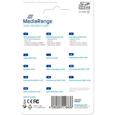 Carte Mémoire SDHC MediaRange MR963 16GB Bleu Classe 10 Carte Mémoire SDHC MediaRange MR963 16GB Bleu Classe 10