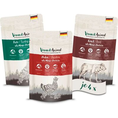 Venandi Animal - Pack d'essai Poulet/Dinde/Boeuf - Nourriture pour chats Venandi Animal - Pack d'essai Poulet/Dinde/Boeuf - Nourriture pour chats
