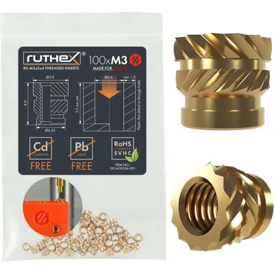 Inserto roscado em latão Ruthex para VORON - Rx-M3x5x4 - 100 peças Inserto roscado em latão Ruthex para VORON - Rx-M3x5x4 - 100 peças