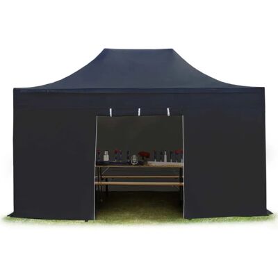 Gazebo Pliant 3x4,5m en Acier Noir - Imperméable, Murs Latéraux - Publicité Gazebo Pliant 3x4,5m en Acier Noir - Imperméable, Murs Latéraux - Publicité