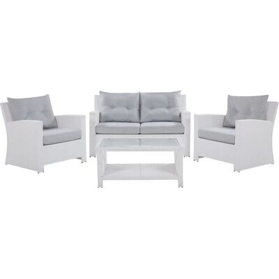 Ensemble de sofa de jardin Beliani en rotin synthétique blanc et coussins gris - Publicité Ensemble de sofa de jardin Beliani en rotin synthétique blanc et coussins gris - Publicité
