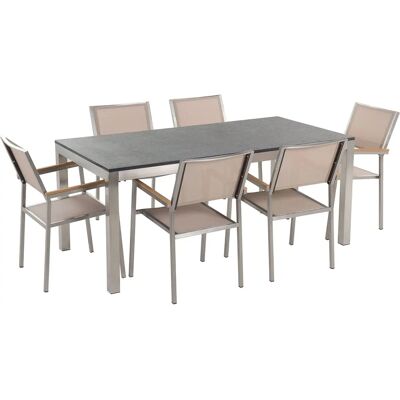 Set da giardino Beliani GROSSETO Beige per 6 persone - Tavolo in granito resistente alle intemperie Set da giardino Beliani GROSSETO Beige per 6 persone - Tavolo in granito resistente alle intemperie