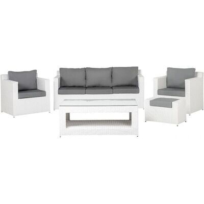 Beliani Set da giardino angolare in rattan artificiale bianco e cuscini grigi 6 posti con tavolo e pouf Beliani Set da giardino angolare in rattan artificiale bianco e cuscini grigi 6 posti con tavolo e pouf