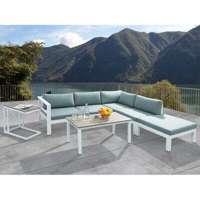 Set Divano Angolare da Giardino Bianco con Cuscini Verdi 5 Posti - Set Divano Angolare da Giardino Set Divano Angolare da Giardino Bianco con Cuscini Verdi 5 Posti - Set Divano Angolare da Giardino