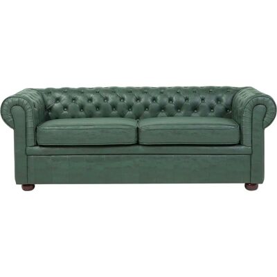 Sofá Chesterfield Verde Cuero Sintético Patas de Madera Oscura 3 Plazas Sofá Chesterfield Verde Cuero Sintético Patas de Madera Oscura 3 Plazas
