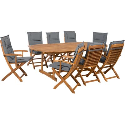 Ensemble de Salle à Manger Extérieure Beliani Bois d'Acacia Clair avec Coussins Gris Foncé 8 Places - Ensemble de salle à manger - Publicité Ensemble de Salle à Manger Extérieure Beliani Bois d'Acacia Clair avec Coussins Gris Foncé 8 Places - Ensemble de salle à manger - Publicité