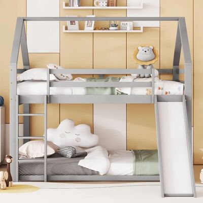 Lit Superposé ModernLuxe avec Toboggan et Échelle - 140x200cm - Cadre en pin - Gris Lit Superposé ModernLuxe avec Toboggan et Échelle - 140x200cm - Cadre en pin - Gris