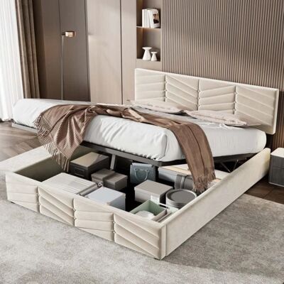 ModernLuxe Lit coffre velours - 140x200 cm - Beige - Bed - Publicité ModernLuxe Lit coffre velours - 140x200 cm - Beige - Bed - Publicité