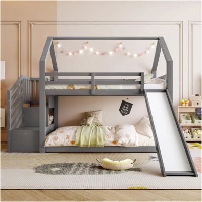 Lits superposés ModernLuxe avec toboggan - 90x200cm - Gris Lits superposés ModernLuxe avec toboggan - 90x200cm - Gris