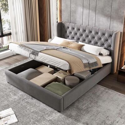 ModernLuxe - Lit coffre capitonné velours 140x190 - Gris - Bed - Publicité ModernLuxe - Lit coffre capitonné velours 140x190 - Gris - Bed - Publicité