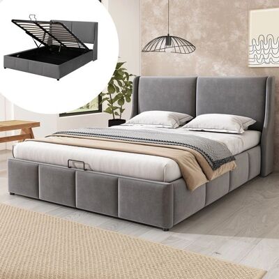 Lit Velours Gris ModernLuxe - 160x200cm, Rangement, Facile à Monter Lit Velours Gris ModernLuxe - 160x200cm, Rangement, Facile à Monter