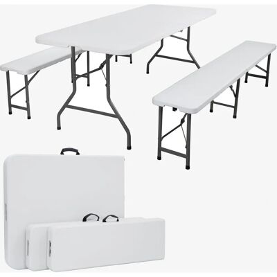 Set di Mobili da Esterno Arebos Bianco - Tavolo Pieghevole e Panche Set di Mobili da Esterno Arebos Bianco - Tavolo Pieghevole e Panche