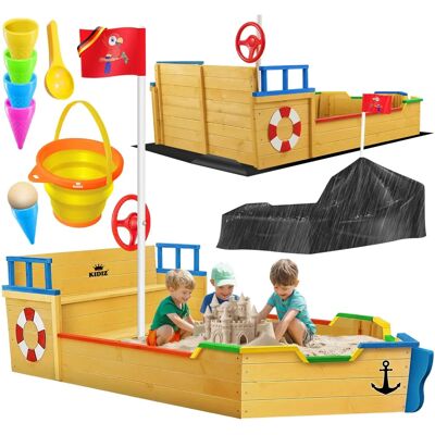KIDIZ Holzpiratenschiff Sandkasten - Blau - Spielplatz für Kinder KIDIZ Holzpiratenschiff Sandkasten - Blau - Spielplatz für Kinder