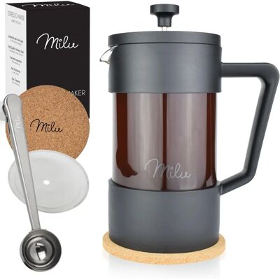 Milu French Press Kaffeebereiter - 1L, Schwarz/Transparent, 3 Zubehörteile Milu French Press Kaffeebereiter - 1L, Schwarz/Transparent, 3 Zubehörteile