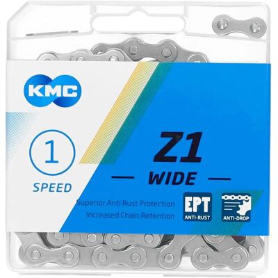 Chaîne de vélo KMC Z1 Wide EPT Argentée - 112 Maillons - Vitesse unique - Publicité Chaîne de vélo KMC Z1 Wide EPT Argentée - 112 Maillons - Vitesse unique - Publicité