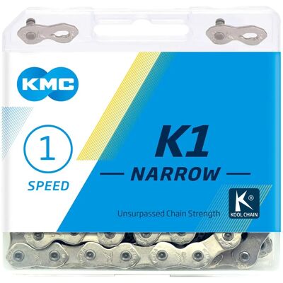 Chaîne vélo mono vitesse KMC K1 - Argent - Étroit - 100 maillons Chaîne vélo mono vitesse KMC K1 - Argent - Étroit - 100 maillons