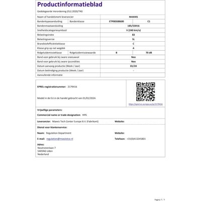 Maxxis Premitra 6 HP6 185/55 R 16 - Band voor Toerisme Maxxis Premitra 6 HP6 185/55 R 16 - Band voor Toerisme
