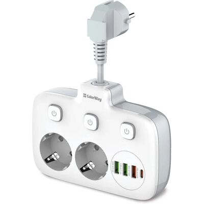 COLORWAY Mehrfachsteckdose - 2 Steckdosen, USB 3xA, USB-C 2m COLORWAY Mehrfachsteckdose - 2 Steckdosen, USB 3xA, USB-C 2m