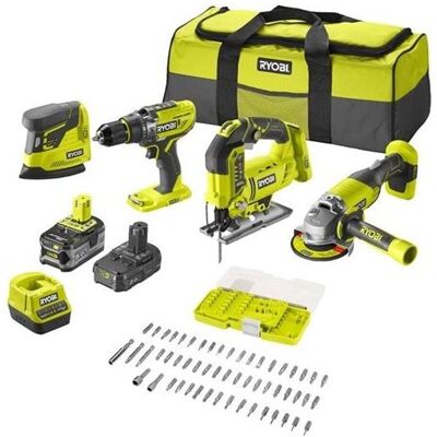 RYOBI Elektrowerkzeug-Set - Bohrer, Schleifer, Stichsäge, Schleifmaschine - 2 Akkus RYOBI Elektrowerkzeug-Set - Bohrer, Schleifer, Stichsäge, Schleifmaschine - 2 Akkus
