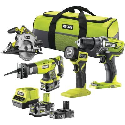 Ryobi 18V ONE+ Verktygssats - Borr, sticksåg, cirkelsåg, LED-lampa Ryobi 18V ONE+ Verktygssats - Borr, sticksåg, cirkelsåg, LED-lampa
