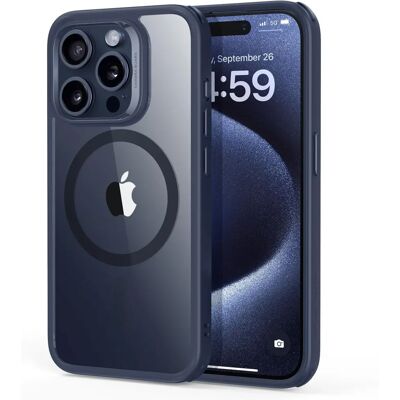 Coque hybride ESR pour iPhone 15 Pro - MagSafe - Transparent/Bleu - Publicité Coque hybride ESR pour iPhone 15 Pro - MagSafe - Transparent/Bleu - Publicité