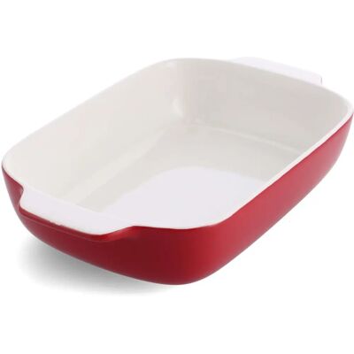 KitchenAid Empire Red Grote 32cm Steenware Ovenschaal met Bamboe Deksel - Schotel KitchenAid Empire Red Grote 32cm Steenware Ovenschaal met Bamboe Deksel - Schotel