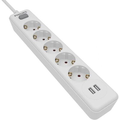 Regleta Philips - 5 Tomas y 2 USB, Blanco Regleta Philips - 5 Tomas y 2 USB, Blanco